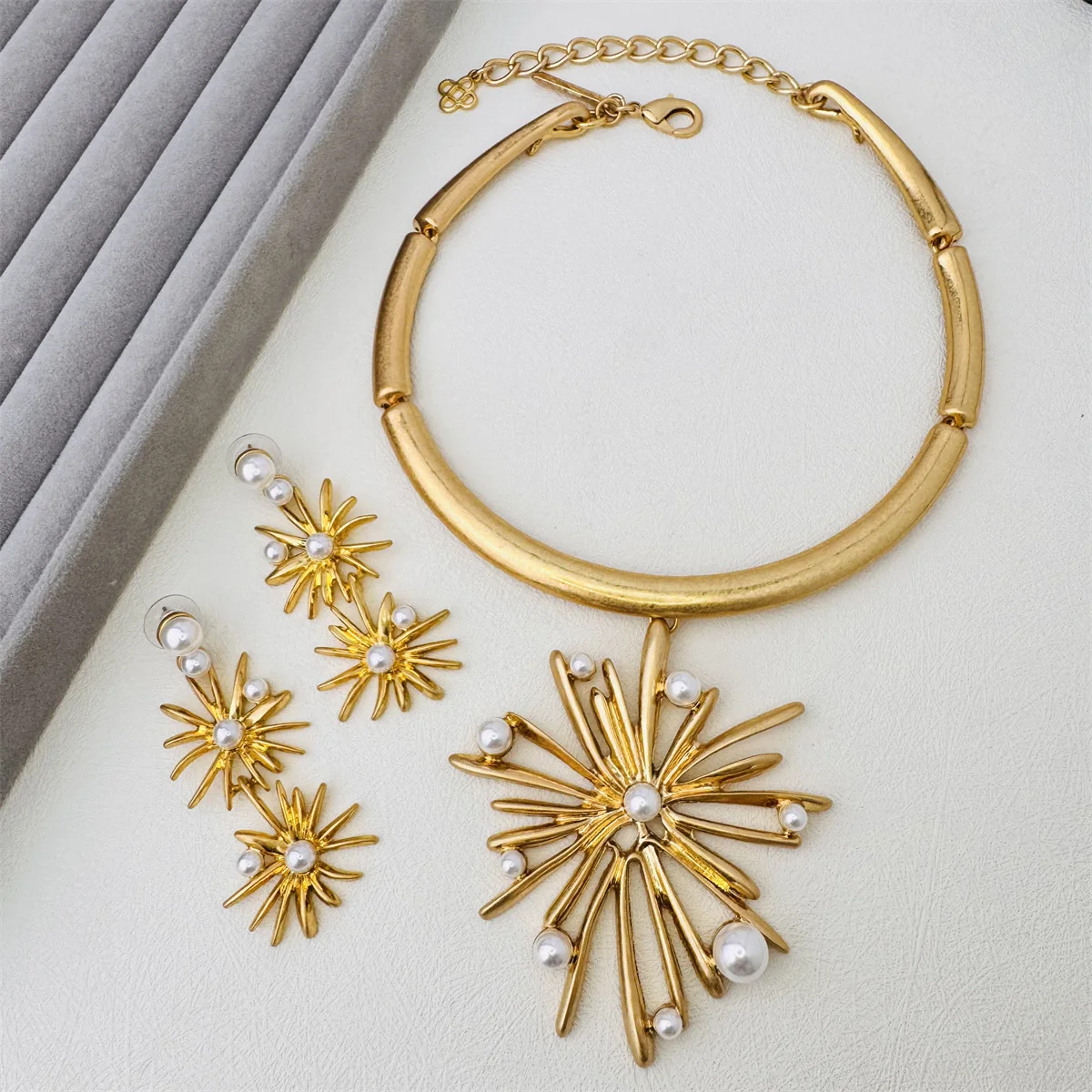 

Vintage Statement Pearl Necklace Earrings Set,Exaggerated Retro Design, Luxury Jewelry Collection