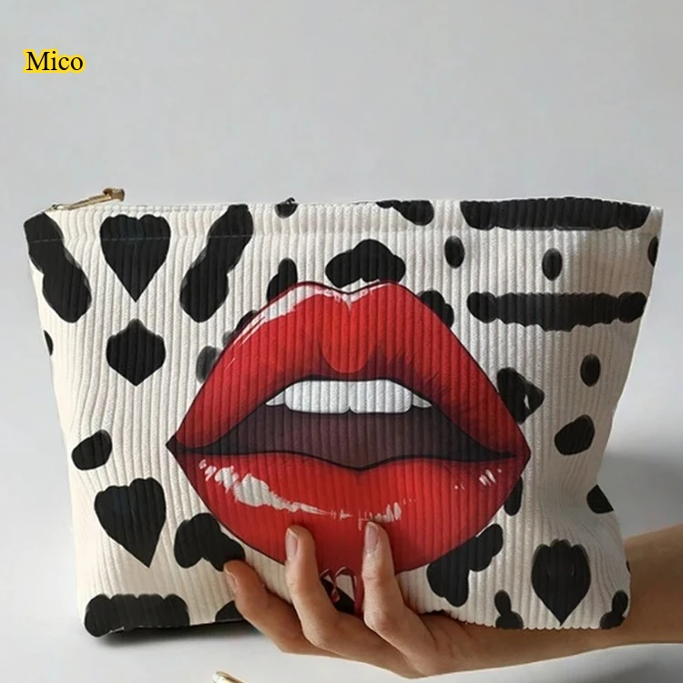 

1pc Sexy Lip Printed Corduroy Zipper Storage Pouch, Lightweight Multifunctional Cosmetic & Daily Storage Bag