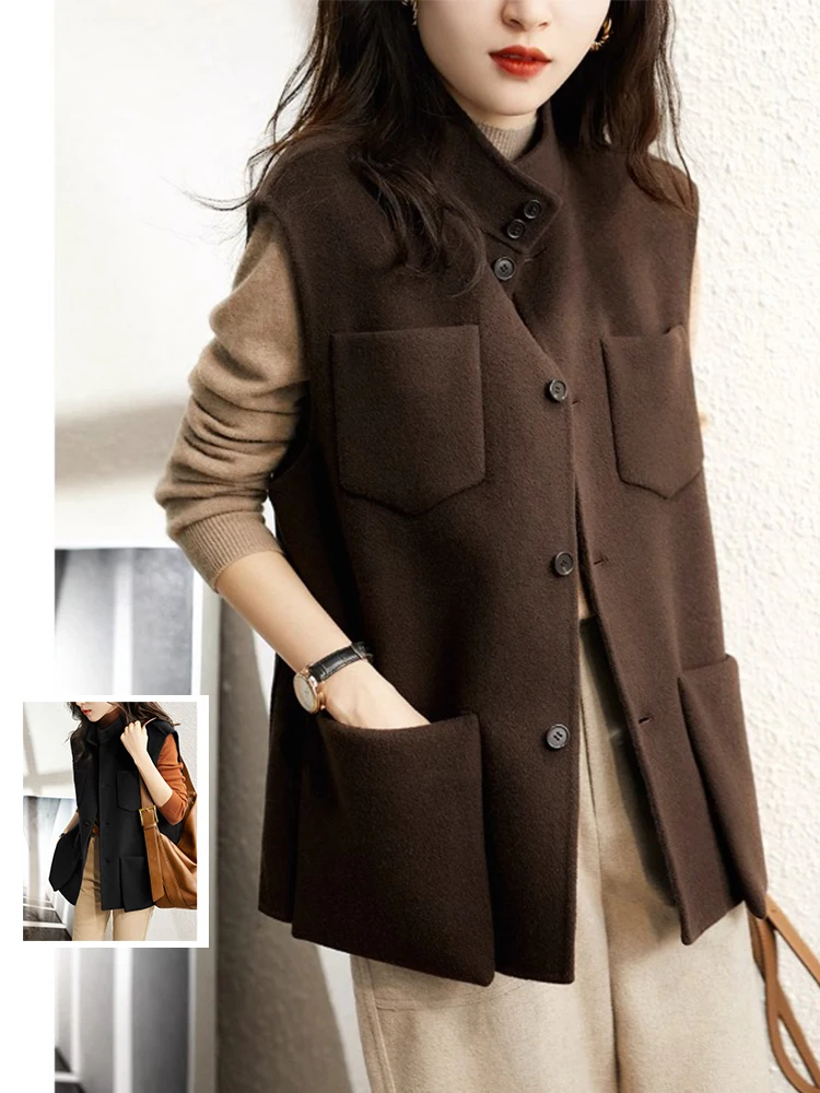 

Цветная рабочая одежда с несколькими карманами в стиле ретро, шерстяной жилет, джет больших размеров, женский двусторонний шерстяной жилет с воротником-стойкой...