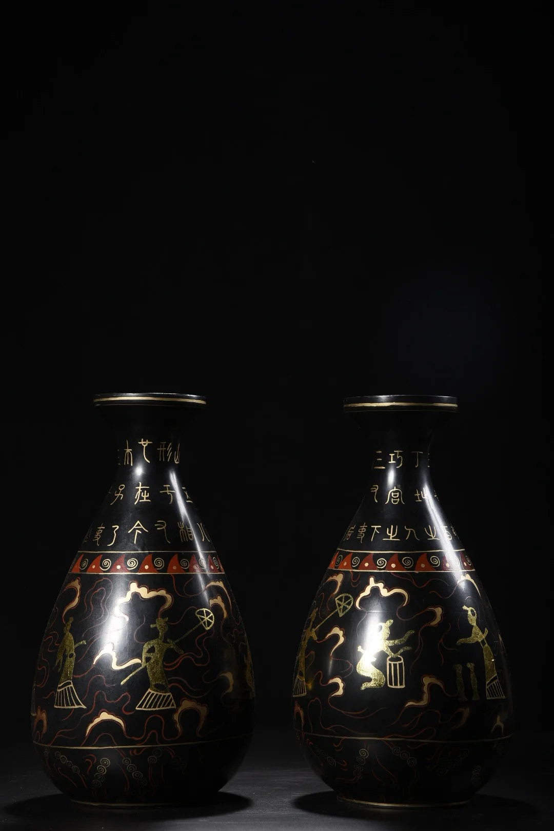 

12"Tibetan Temple Collection Old Wood Lacquerware Outline in gold Ancient Sacrificial Patterns Okho Spring Bottle Vase A Pair