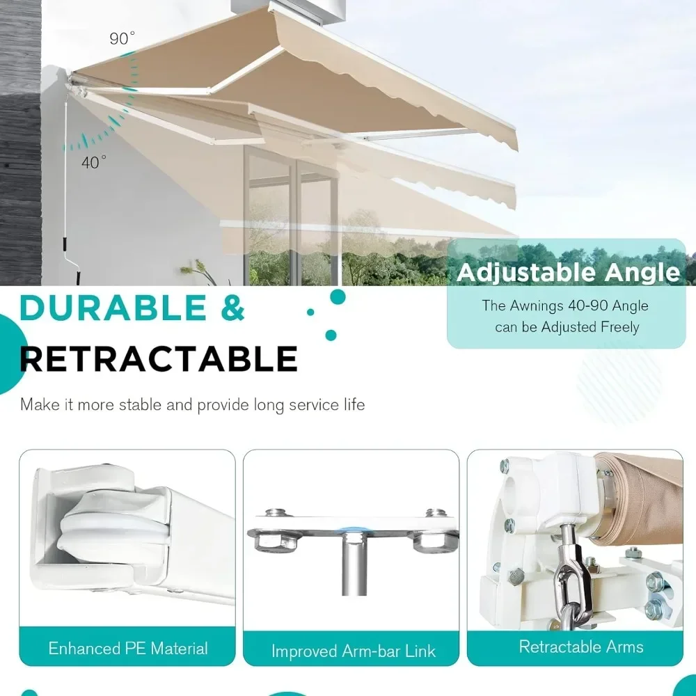 Retractable Awning 10'×8' Deck Awning with Manual Crank Handle Sun Shade Patio