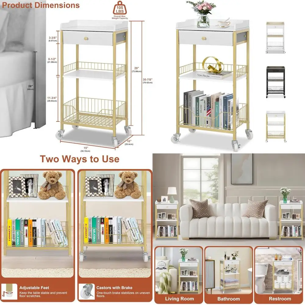 

Storage Basket Side Table, Tall End Table, 4-Tier Bathroom Shelf with Optional Wheels, Ideal for Nightstand, Dorm, Living and Be