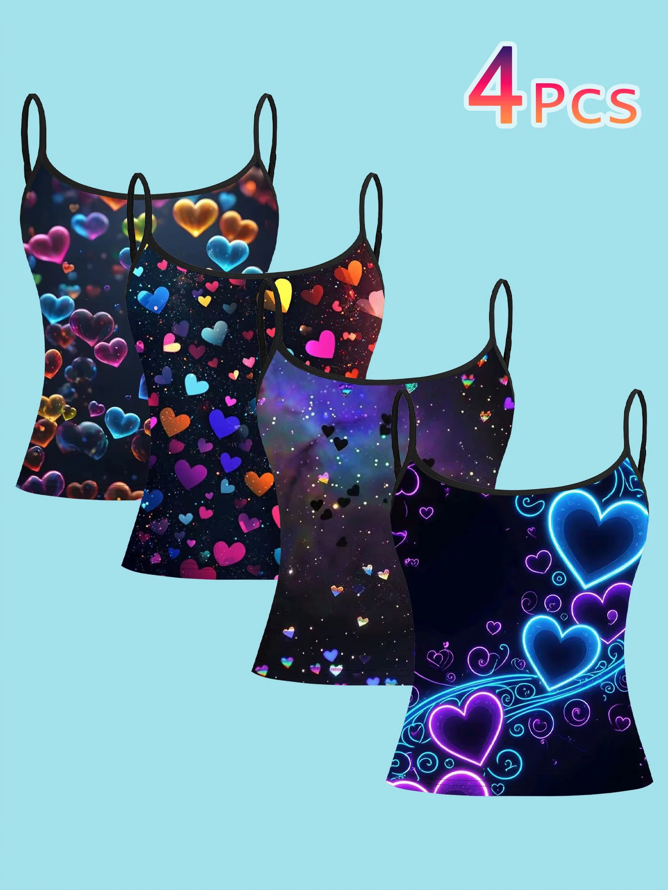 Women's 4-Piece Set of Printed Camisoles with 3D Colorful Bubble Hearts, All-Over Colorful Small Hearts, Galaxy Starry Sky Fragmented Hearts, Blue-Purple Neon Glowing Large Heart Patterns, Slim-Fit, Flattering, Outerwear Sleeveless Tops