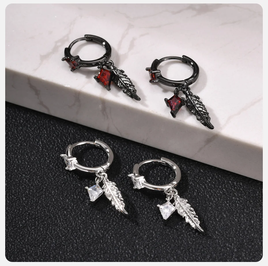 Vnox Gothic Flügel-Hängeohrringe für Männer, Kupfer-Feder-Rhombus Rot Klarer Zirkon Huggie-Ohrringe Punk Hip-Hop Schmuck Geschenk – Detail 5