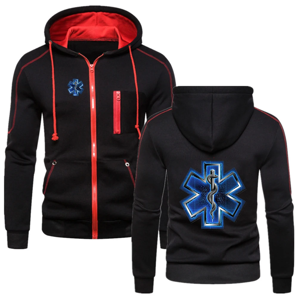 EMT Emergency Ambulance 2024 Men Spring and Autumn Classics Solid Color Hoodie Fashionable Simplicity  Zipper Coat Top
