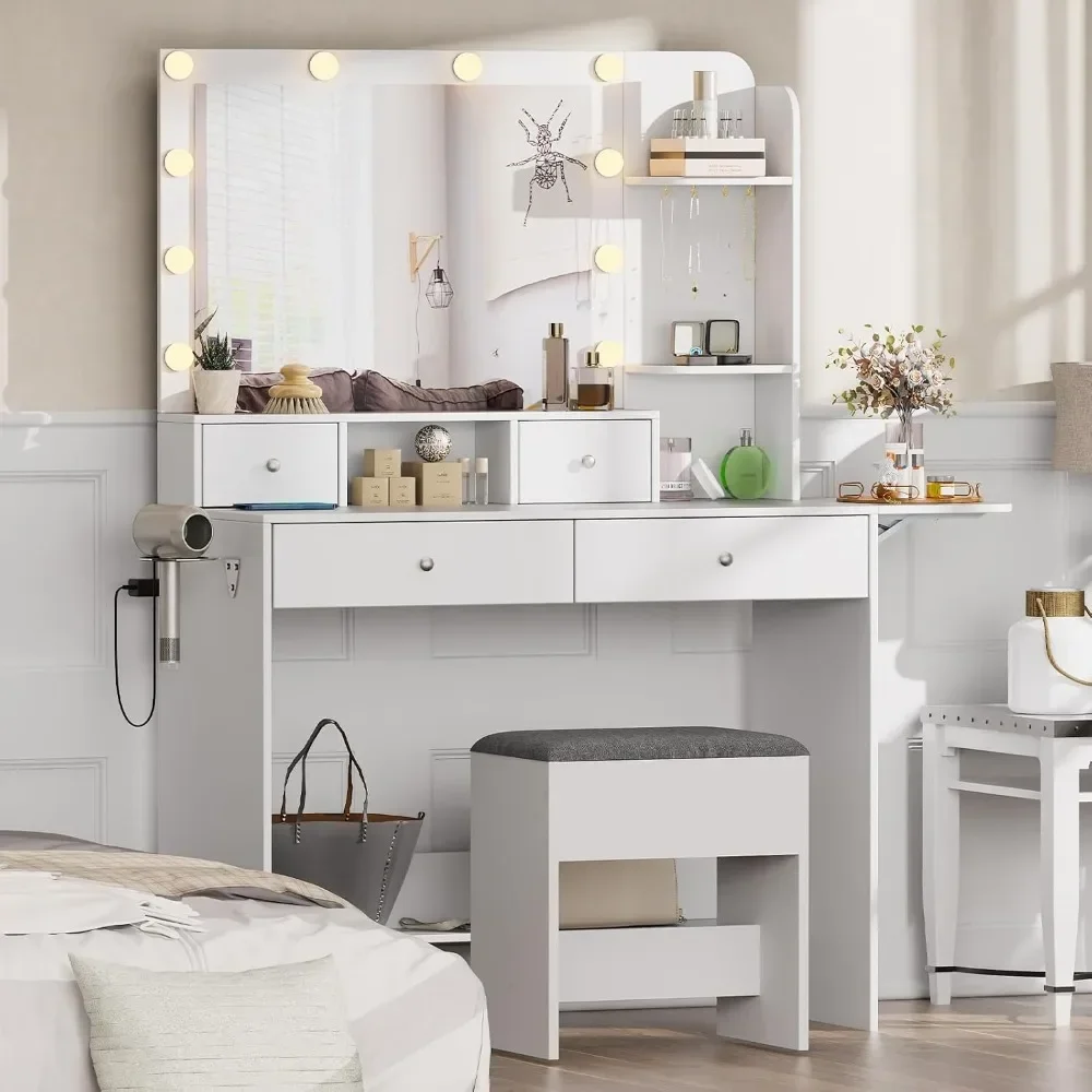 Dresser with mirror and light, with upholstered stool, 3 lighting modes with adjustable brightness, with folding panel Dressers