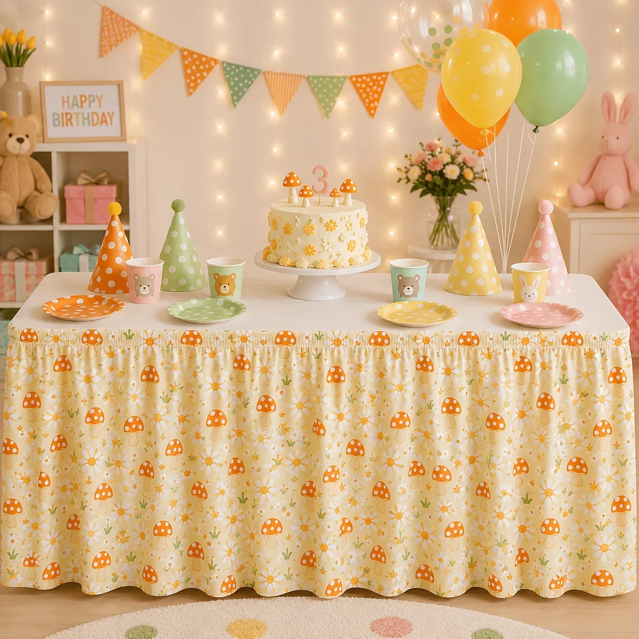 Sky-blue soft-toned butterfly daisy tablecloth with elastic ruffled edges