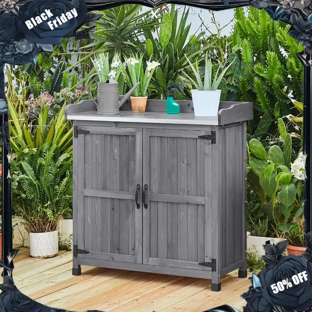 Garden Potting Bench Table, Outdoor Garden Horticultural Wooden Storage Cabinet & Solid Wood Planting Work Bench