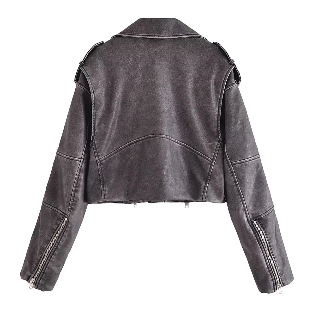 

Jenny&Dave High Street Distressed Motorcycle Leather Jacket Women Fashion Retro Zipper Lapel Leather Jacket Coat