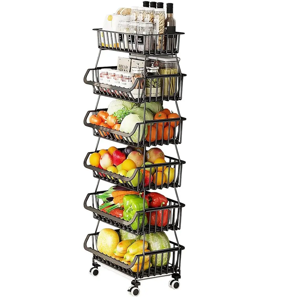 

ruit Vegetable Storage Baskets with Wheels, 6 Tier Stackable Wire Storage Baskets, Tall Standing Produce Kitchen Rack