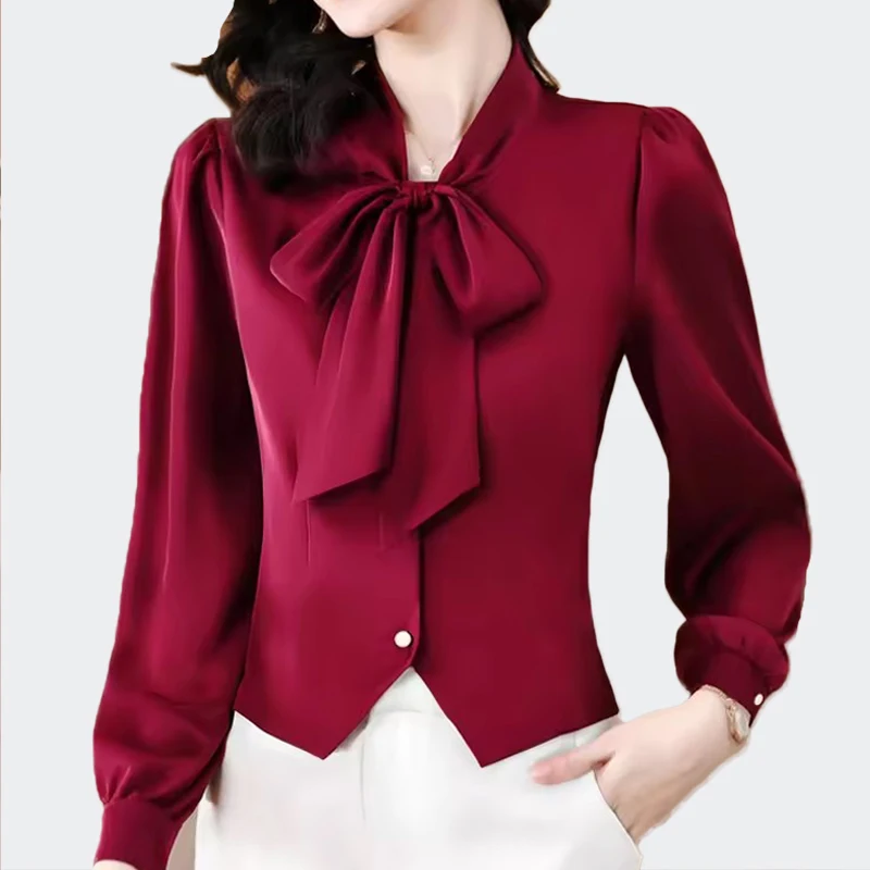 

Elegant Bow Neck Satin Shirts Women 2025 Fashion Long Sleeve Slim Party Tops Mujer Korean Style Office Ladies Blouses