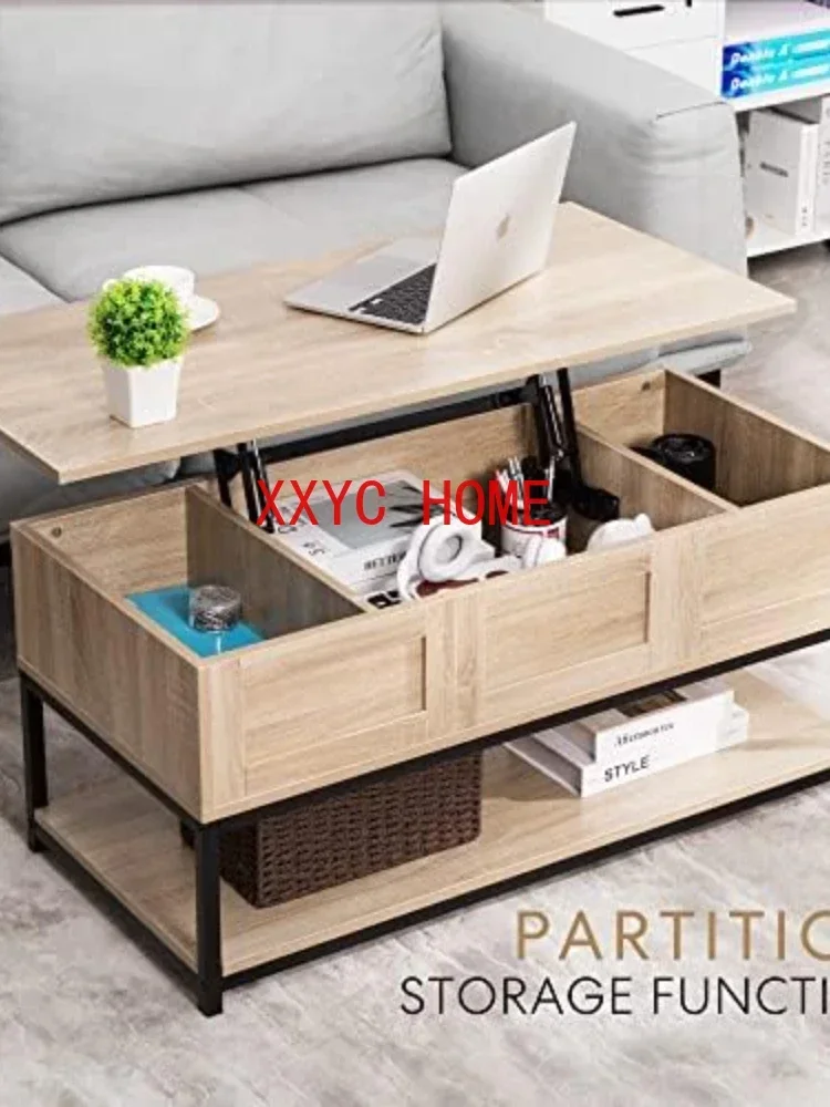 Top Coffee Table with Steel Frame, Dining Table with Open Storage and Hidden Compartment, Suitable for Living Room, Office, Smal