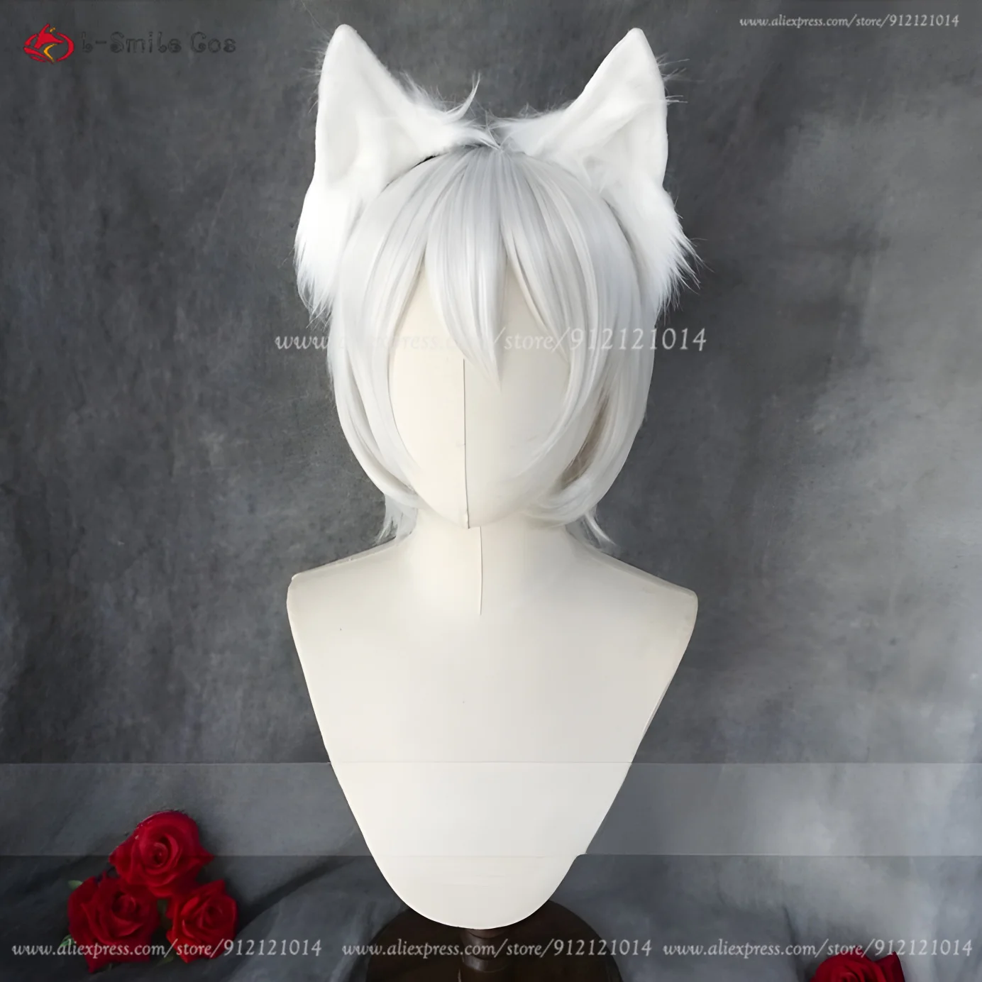 Anime Tomoe Cosplay Wig Short Silver White Unisex Wig With Fox Ears Heat Resistant Hair Halloween Wigs + Wig Cap