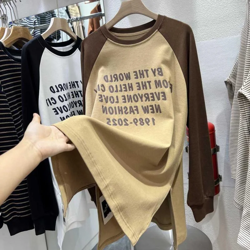 

plus Size Women's Long Sve T-irt Mid-Length Bot Covering Base irt Spring Autumn Korean Sle round Ne Print Dyed