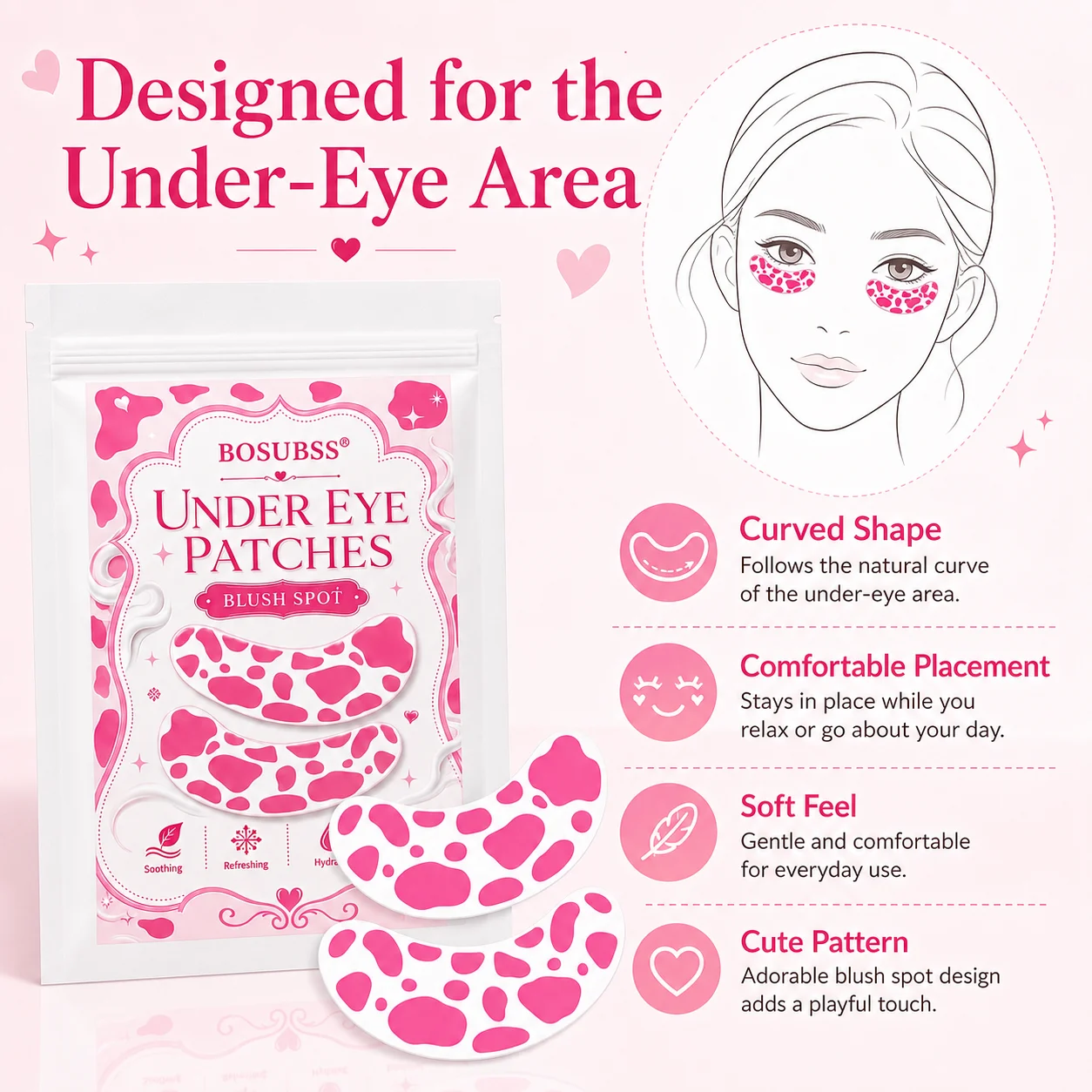 5Pairs/10PCS Pink Spot Under Eye Patches, Cute Printed Crescent Eye Masks for Refreshing Daily Skincare, Self-Care and Travel