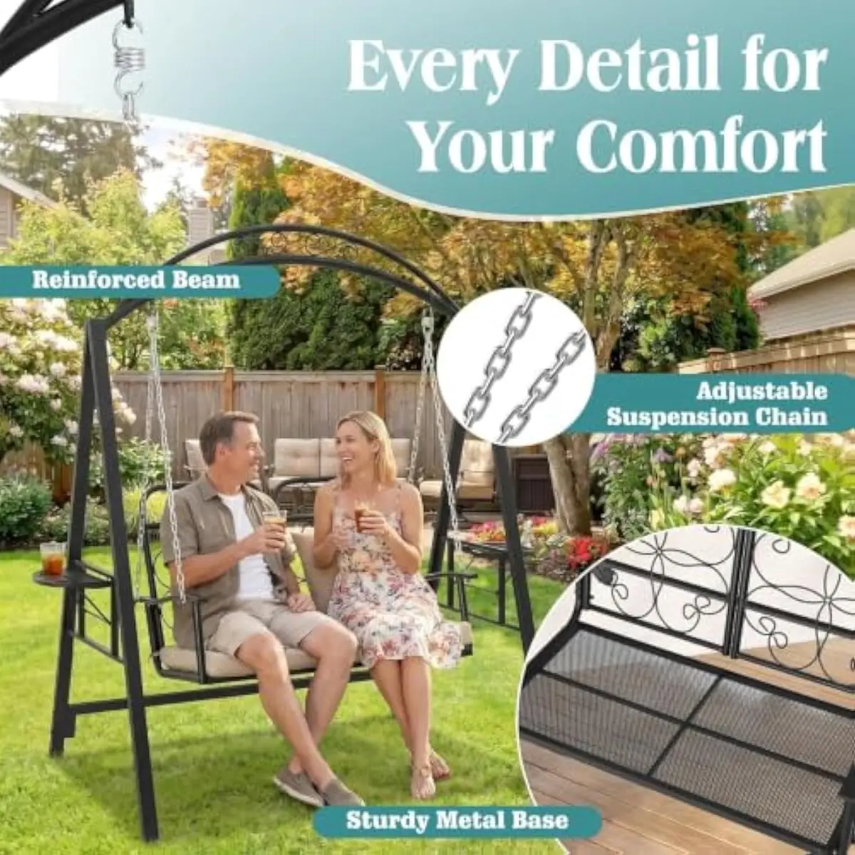 Metal Patio Swing with Sturdy Stand, Ergonomic Tilted Backrest, Waterproof Cushion, Adjustable Chain Height, Dual Side Trays, Wr