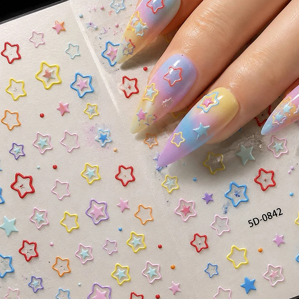 1Pc Cute Pastel Hollow Star 5D Raised Nail Decals Multicolor Star Stickers Women Daily Y2K Nail Art Decor Tools