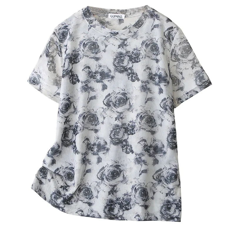 

2026 Summer Plus Size Women's T-shirt Mesh Short Sleeve Print Crew Neck Pullover Thin Tops For Curvy Ladies 078