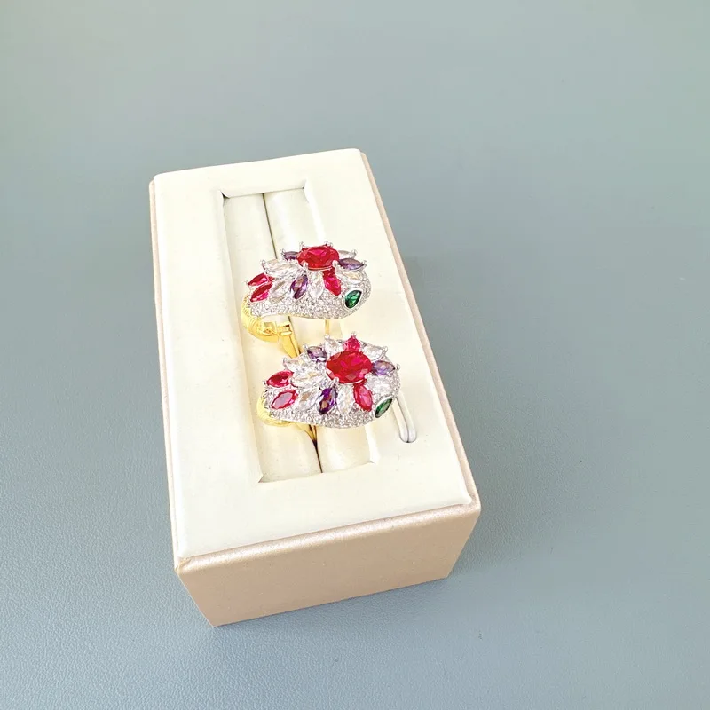 Designer Style Earrings Ring Bracelet Three Layer Necklace Inlay Red Cubic Zircon Snake Serpent Dinner Party Choker Jewelry Sets