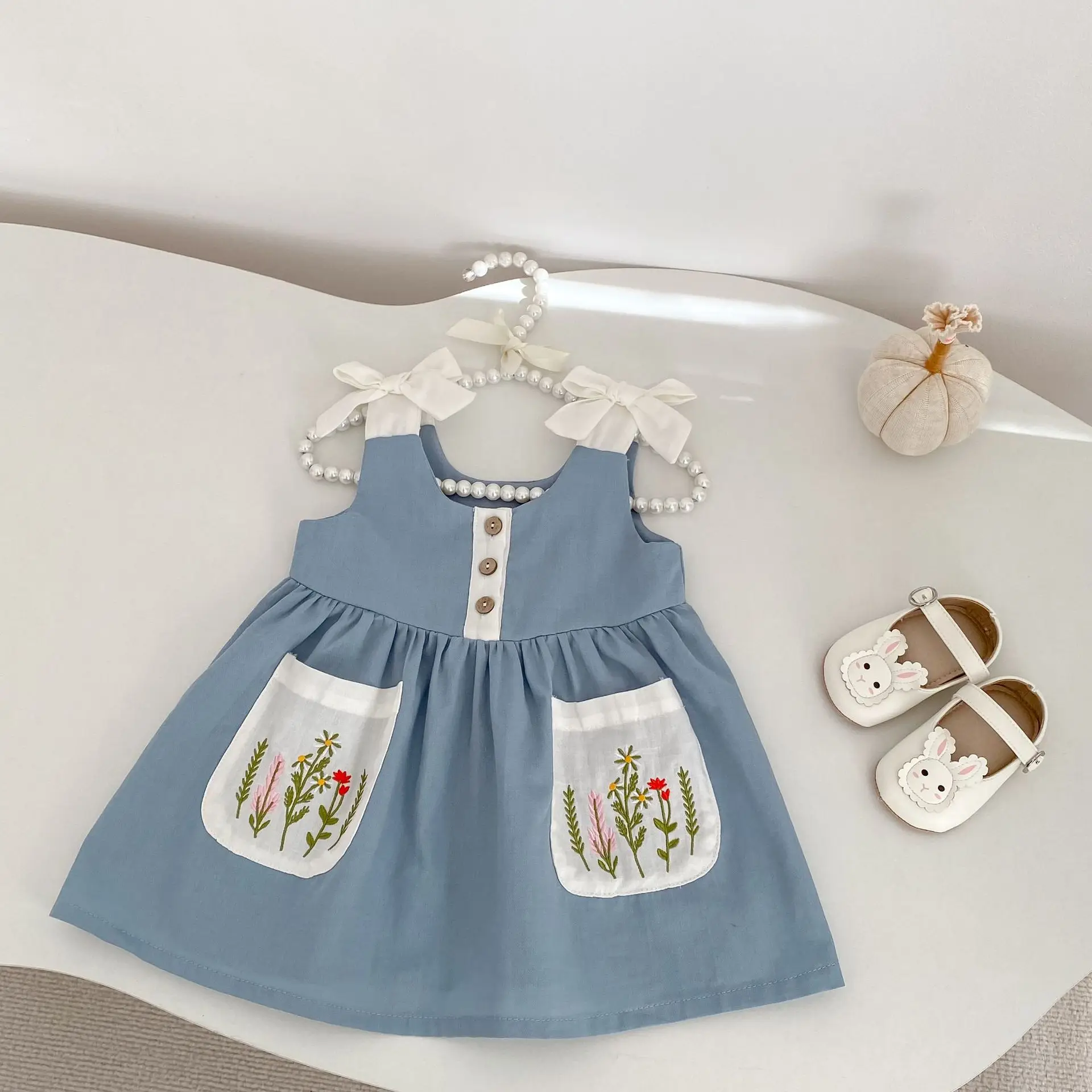 

2026 Summer Baby Girl Floral Embroidery Dress with Bow Straps Toddler Princess Casual Cotton Sleeveless Sundress for Kids