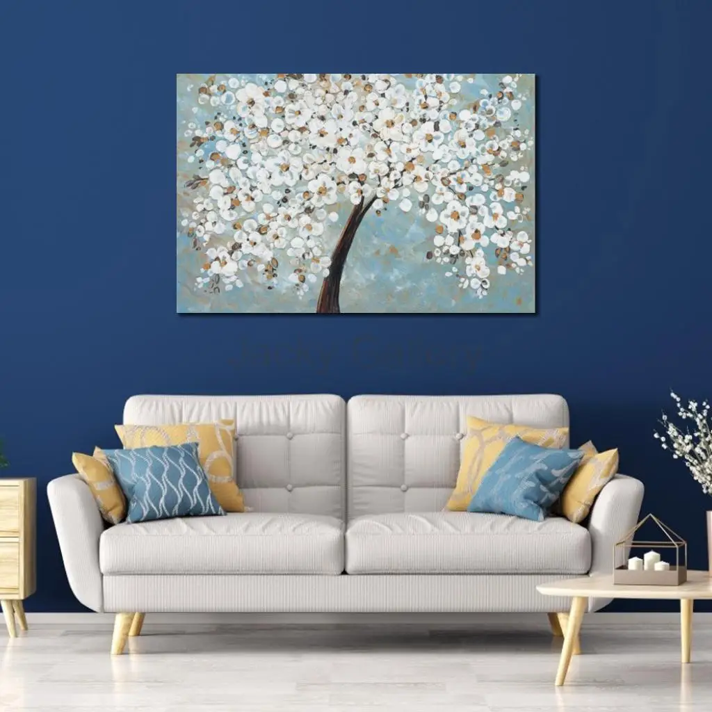 Textured Contemporary Oil Painting Blossom Spring Handmade Canvas Art Abstract White Flowers Large Wall Decor for Sitting Room