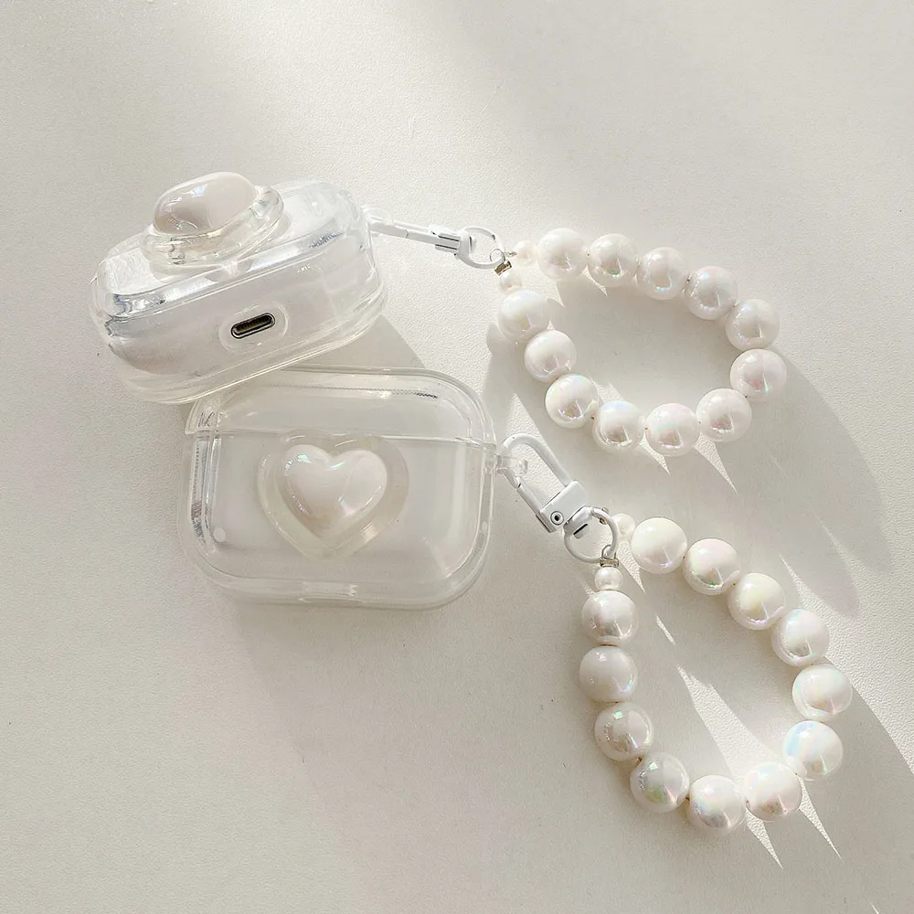 Корейский лазерный 3D сердце любви, прозрачный чехол из бисера, браслет для Airpods 4, Airpods 2, 3 Pro 2, милая коробка для наушников, защитные чехлы