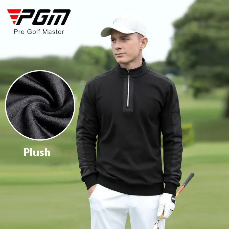 PGM Winter Men Golf T-shirt Male Keep Warm Fleece Shirt Men Zipper Stand Collar Tops Patchwork Long Sleeve Sport Golf Pullover