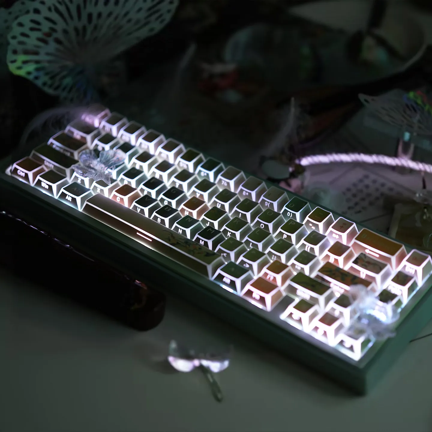 MAIMOOO Green Shadow Keycaps PBT Cherry Profile Osmanthus Oolong Theme Side Engraved Translucent Keycaps for Mechanical Keyboard