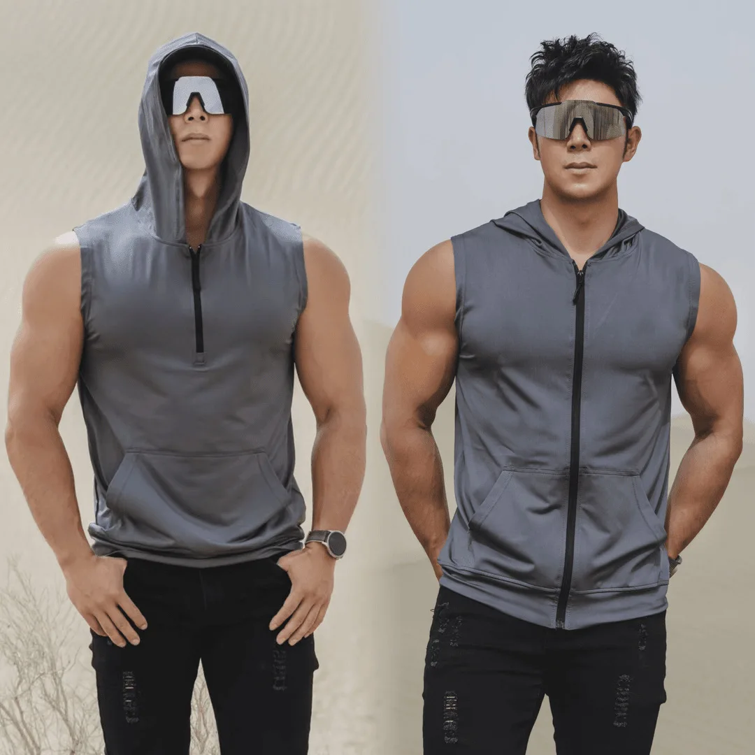 

Спортивная майка из ледяного шелка с капюшоном, быстросохнущая, с короткой или полной молнией, облегающего кроя, без рукавов, для бега, фитнеса и бодибилдинга.