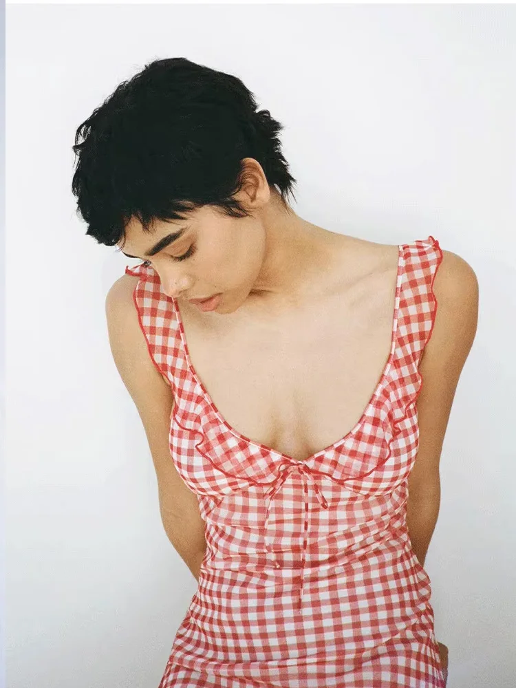 Vestido midi sexy con estampado floral y corte bajo, estilo Reformation, sin mangas, con cuello en V, ajustado, para mujer, e...