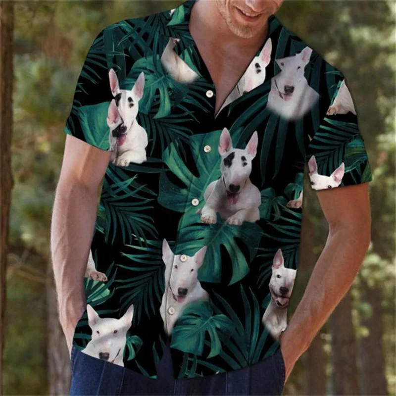 Summer Unisex Bull Terier Dog Pattern Hawaiian Shirts 3D Tropical Fruit Print Beach Shirt Casual Shortsleeve Bull Terrier Shirt