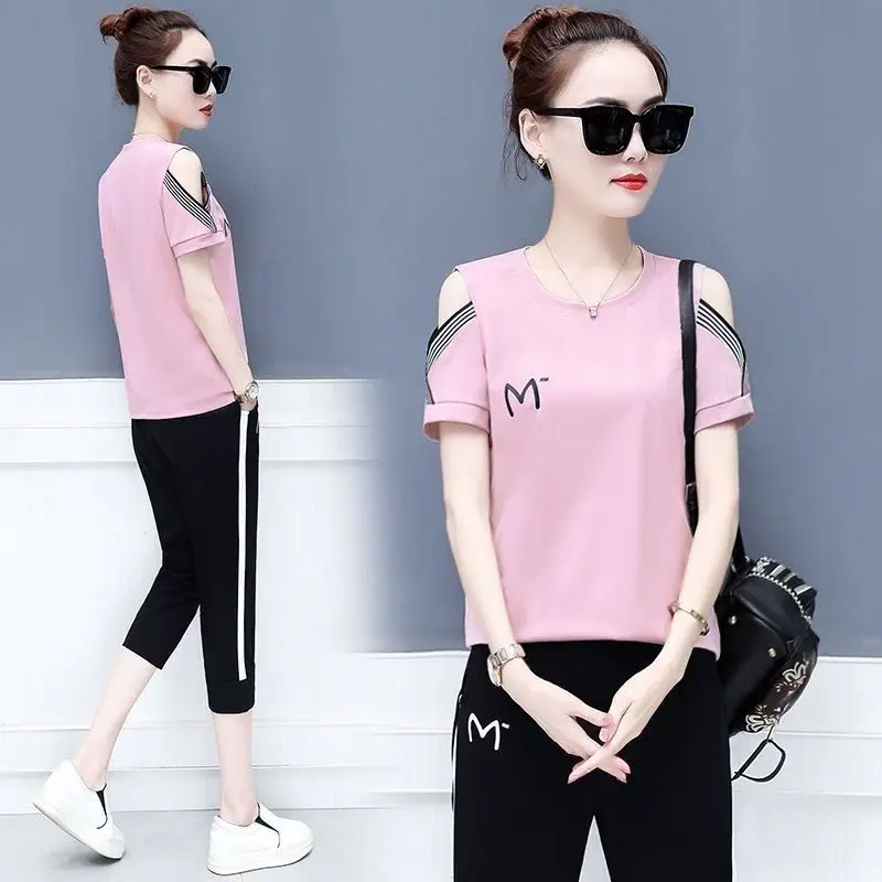 Women\'s Summer Casual Korean Short Suit 2024 New Loose Sports Clothes Sleeve T-shirt Capris Pencil Pants Two Piece Set For Women