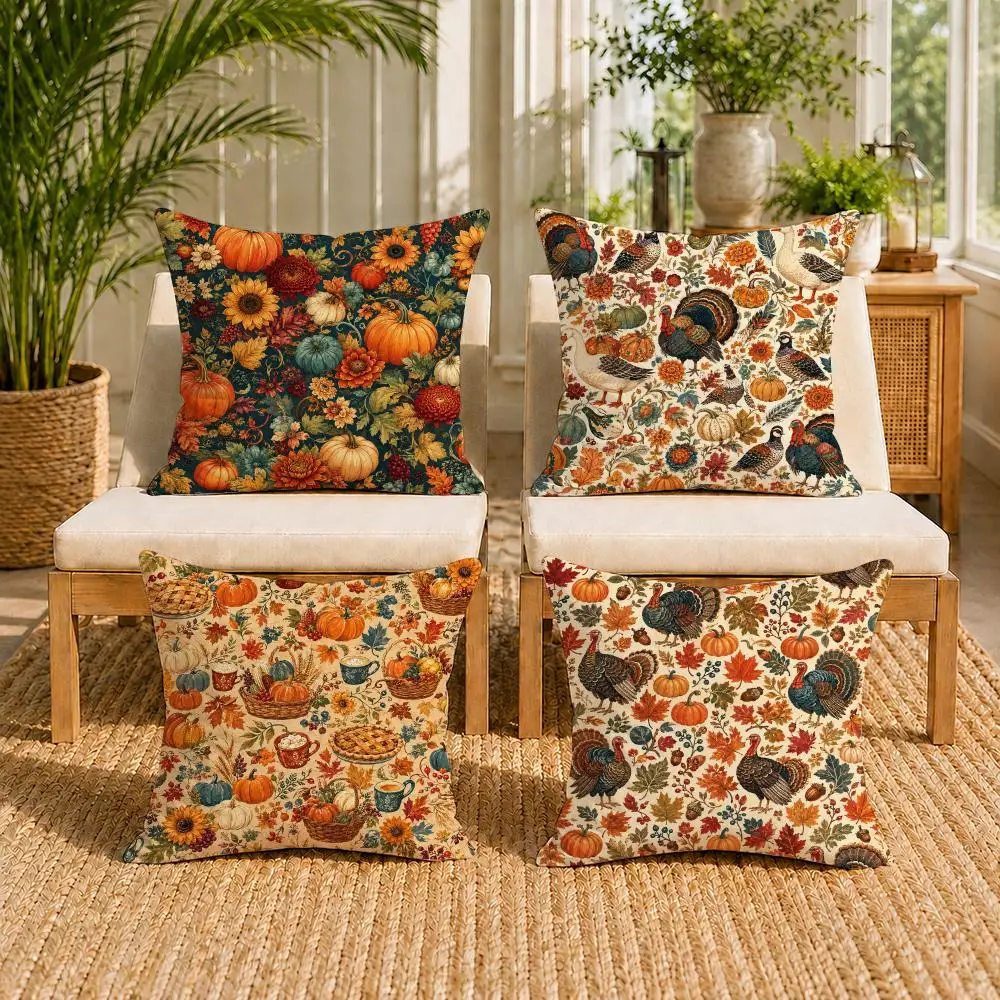 Harvest Turkey Autumn Thanksgiving Cushion Cover Double-Sided Plush Sofa Cushion Covers Organic Breathable Invisible Zipper