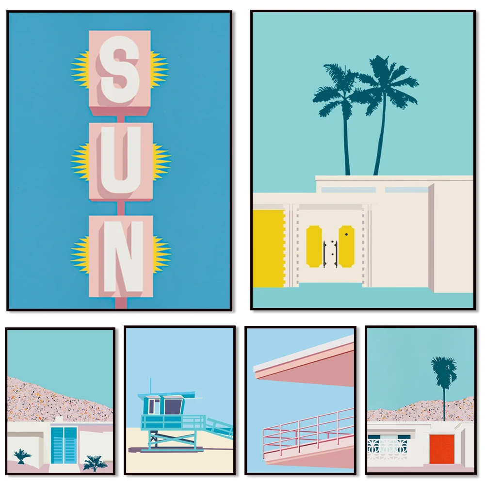 Palm Springs vintage engraving poster, vintage art gallery wall California, 1940 and 1950s mid-century modern color travel poste