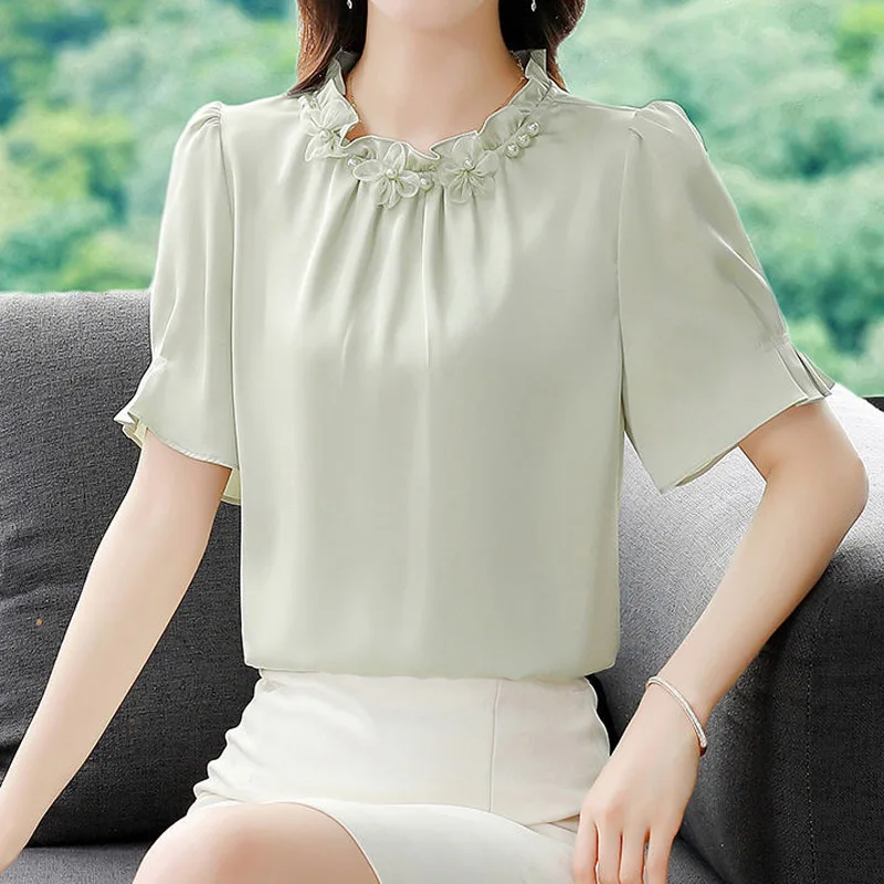 Temperament Plus Size Blouse Summer New Short Sleeve O-neck Solid Color Loose Office Shirt Tops Elegant Vintage Women Clothing