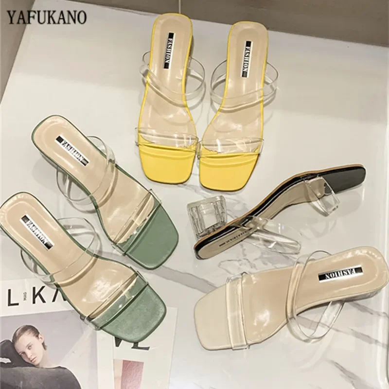 Women Slippers Shoes Celebrity Wearing Simple Style PVC Clear Strappy Buckle High Heels Woman Transparent Heels