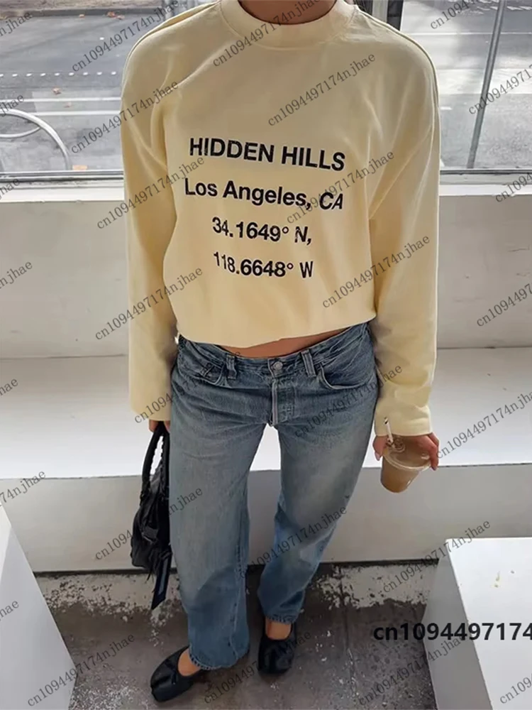 2026 Hidden Hills Los Angeles Coordinate Print Long Sleeve T-shirt For Women Autumn Retro Streetwear Tees Oversized Unisex Tops