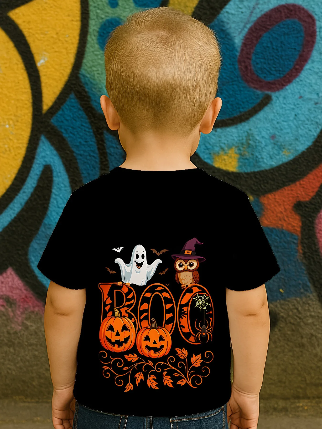 تي شيرت ممتع للهالوين للأولاد - "BOO!" مطبوعات الشبح/القرع/البومة، بوليستر مريح، للهالوين والخدعة أو المعالجة