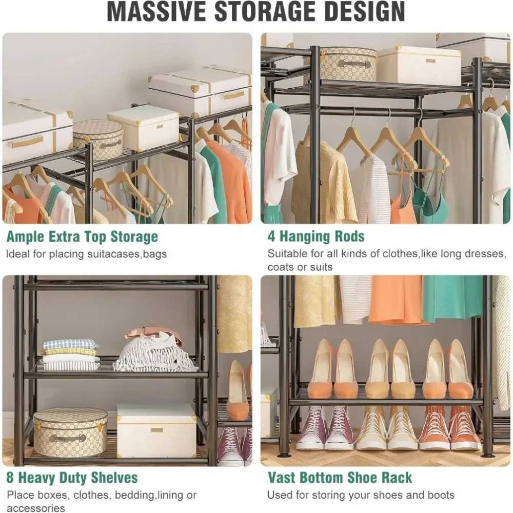 Wardrobe Closet Heavy Duty Clothes Rack, Portable Closet Organizer System with 4 Hang Rods & 8 Shelves