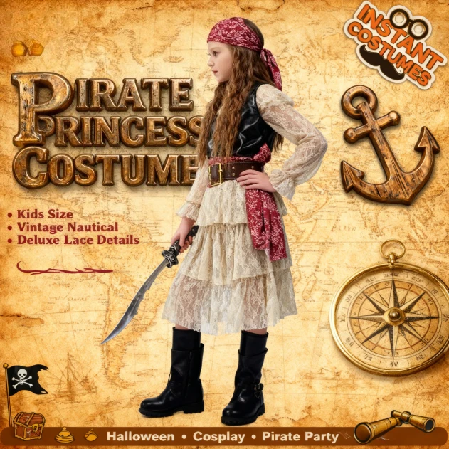 Vestido de pirata de encaje de Halloween para niñas, disfraz de fiesta de pirata para niñas, disfraz de escenario actuación de pirata