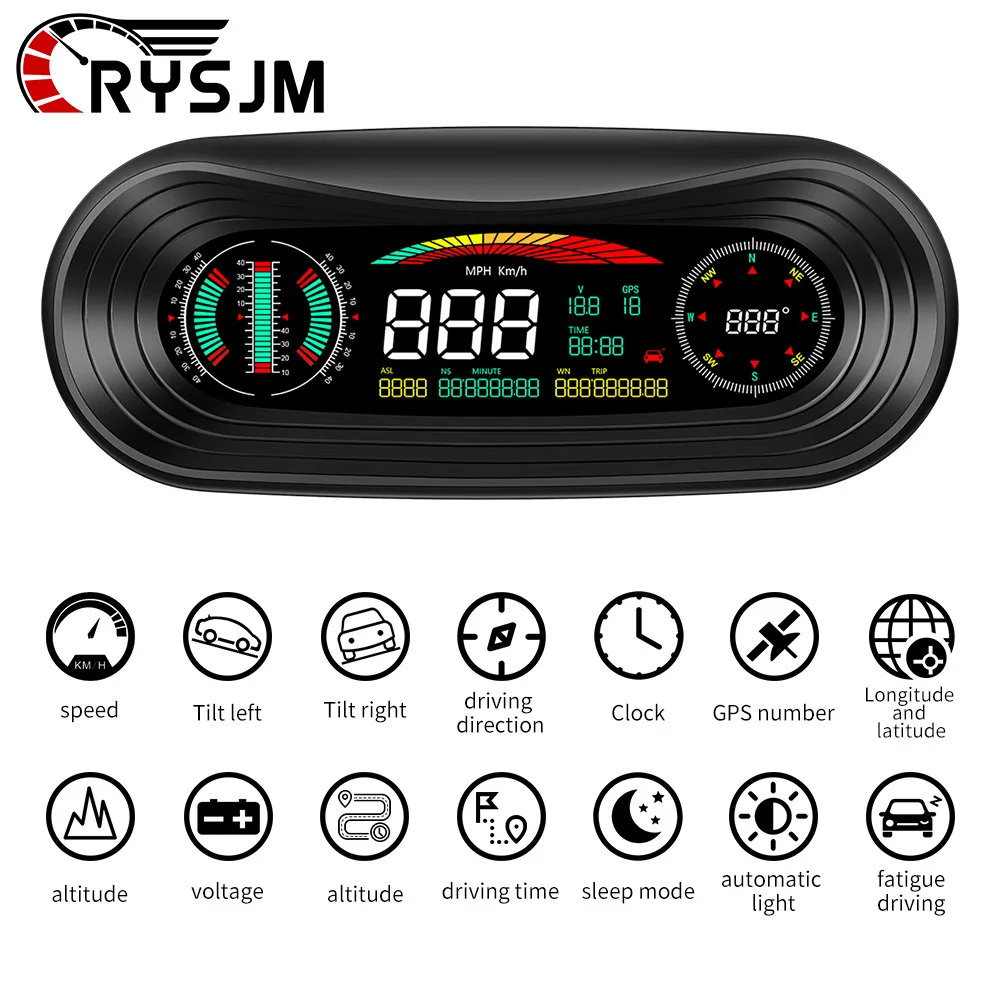 P18 GPS Slope Meter HUD Head Up Display 4x4 Inclinometer off-Road Digital Automotive Speedometer KMH MPH Compass Altitude Clock