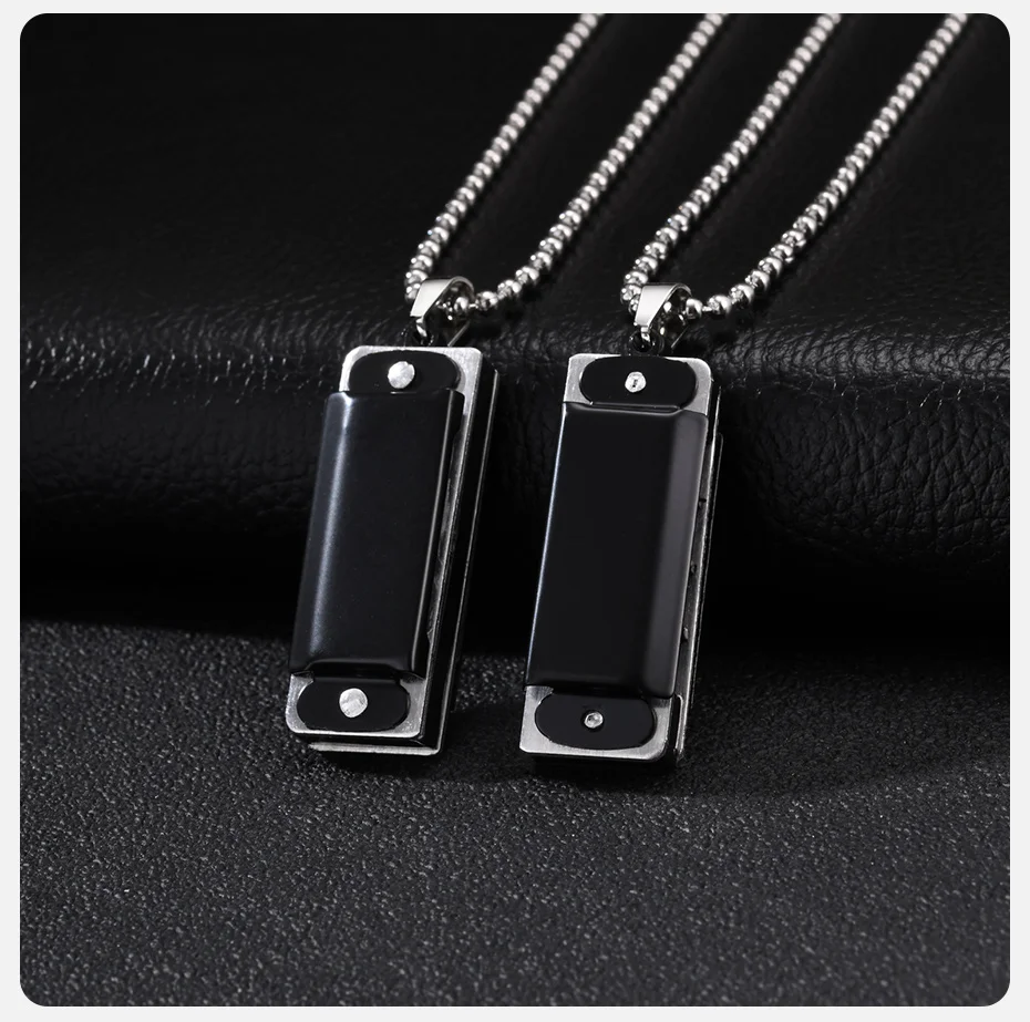 Vnox Herren Mundharmonika Anhänger Halskette, Edelstahl Perlenkette Rechteckiger Legierungsanhänger Schwarz Punk Alltagsschmuck Geschenk für Ihn – Detail 5