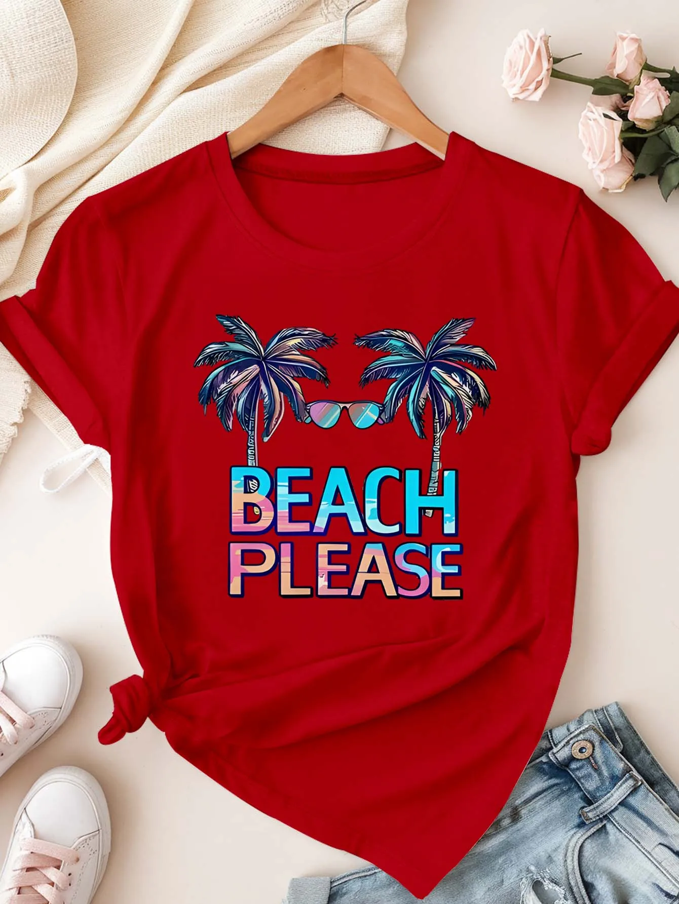 Plus Size Beach Please Palm Tree Grafik-T-Shirt für stilvolle Beachy Vibes
