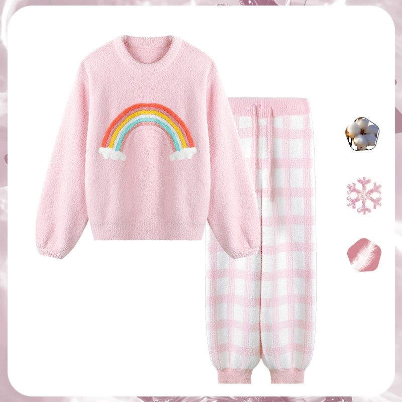 Women's Rainbow Pajamas Set Cute Ladies Girls Sleeping Pajamas Winter Womens Warm Long Sleeve Pajamas Set Loungewear Homewear