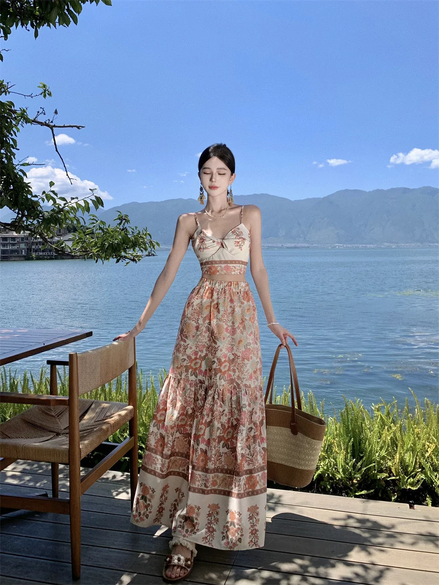 French Style Female Summer Clothes Set Fashion Printed Backless Strap Tops+fishtail Skirts Twinset Women Beach Clothes Skirt Set