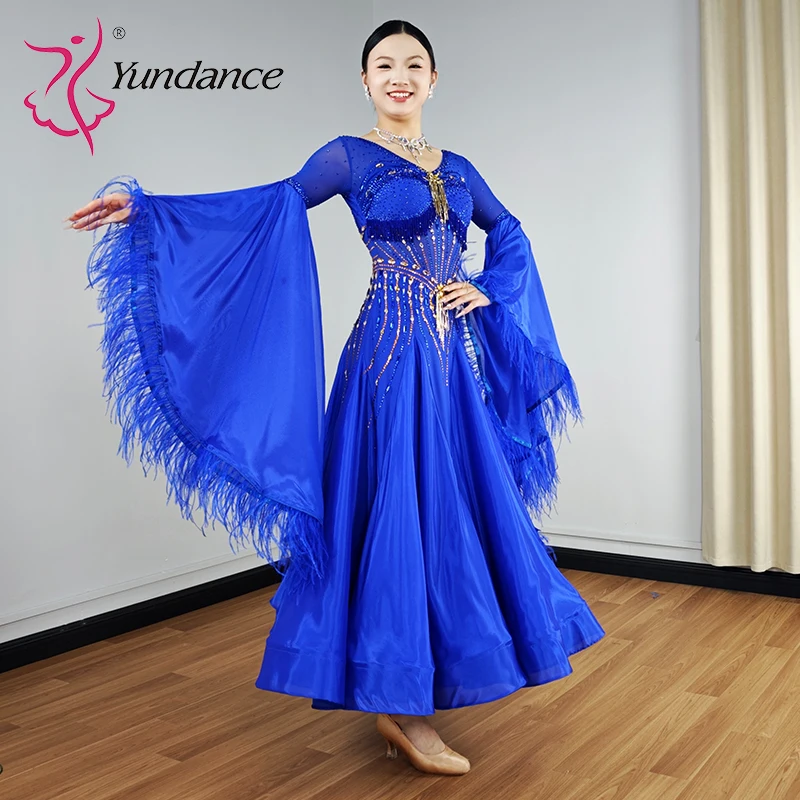 B-25136 Trajes de baile lírico Yundance para mujer, baile de salón, vestidos de baile de vals de gasa satinada azul real para competición