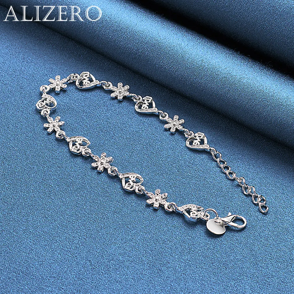 ALIZERO 925 Sterling Silver Flowers LOVE Heart Bracelet for Women Wedding Engagement Accessories for Daily Wear Jewelry Gift