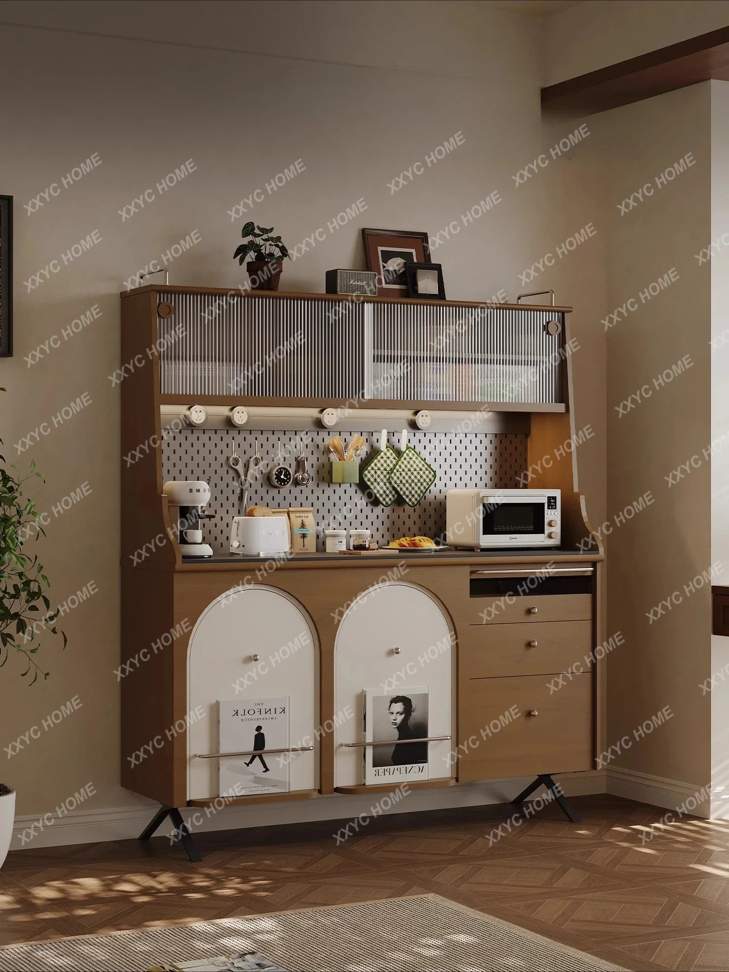 HMJRetro solid wood dining side cabinet integrated rock slab storage cherry wood storage cabinet kitchen living room  wine cabin