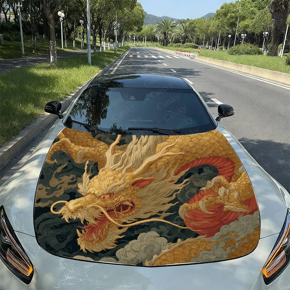

Виниловая упаковка для автомобиля «Золотой благоприятный дракон», брызгозащищенные наклейки из ПВХ на капоте двигателя, легко разбирается и прочный дизайн, S