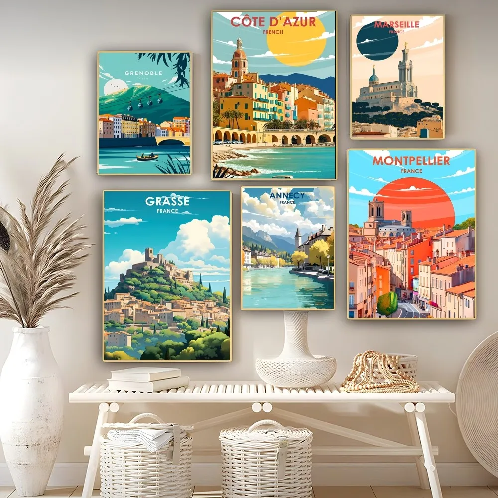 France Holiday Travel City Picture 80s Classic Vintage Posters Whitepaper Prints Posters Artwork Kawaii Room Decor